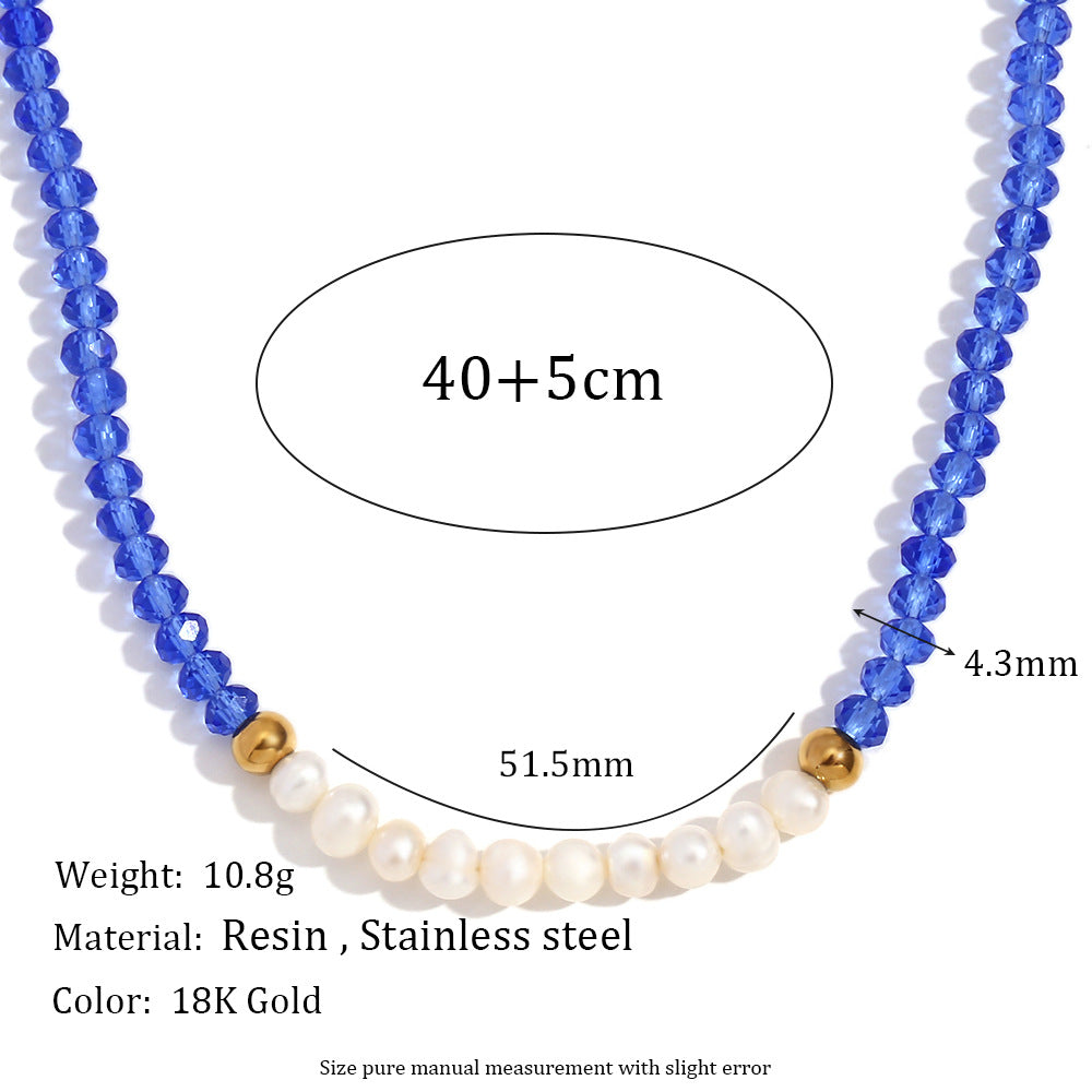 Vintage Style Geometric Pendant Necklace for Women with Stainless Steel Chain, Titanium Steel Pendant, Plated Finish, Freshwater Pearl and Blue Faceted Crystal Accents