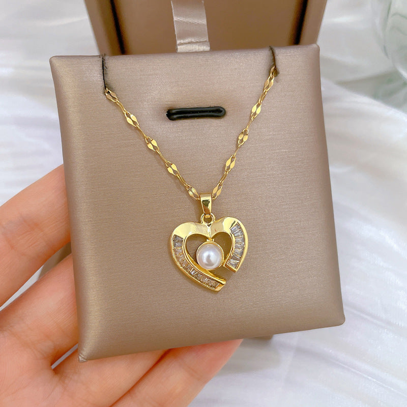 Luxury Geometric Heart Titanium Steel Necklace and Earrings Set with Rhinestones for Women