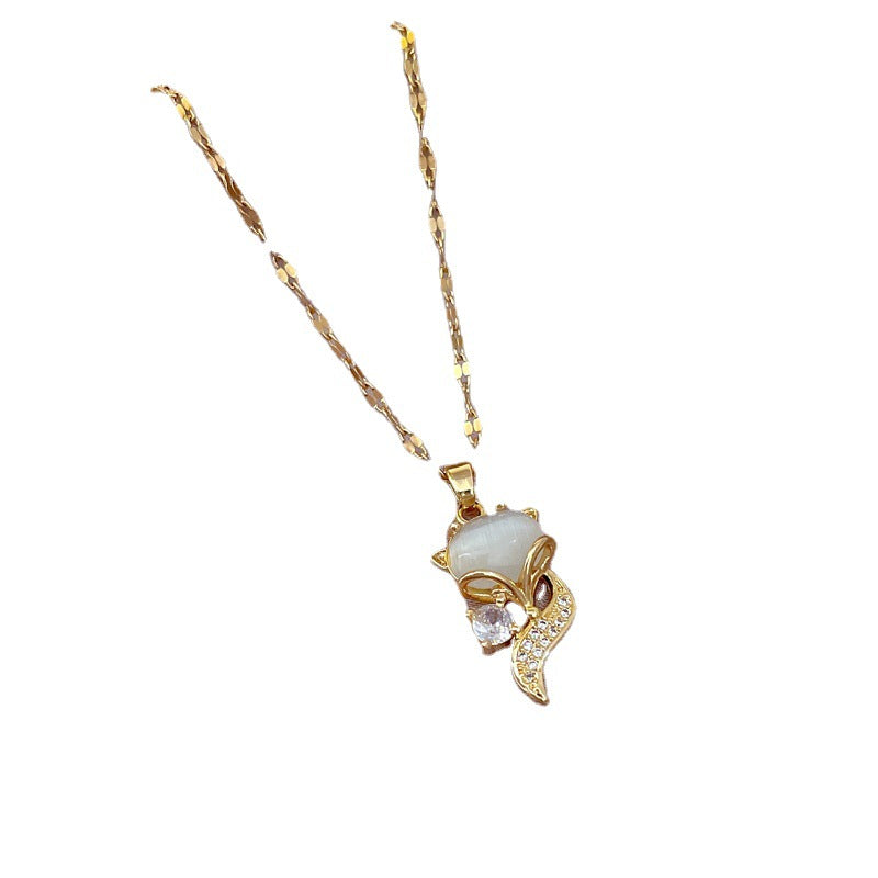 Luxury Geometric Fox Cat's Eye Pendant Necklace for Women Titanium Steel Collar Chain with Rhinestone Inlay