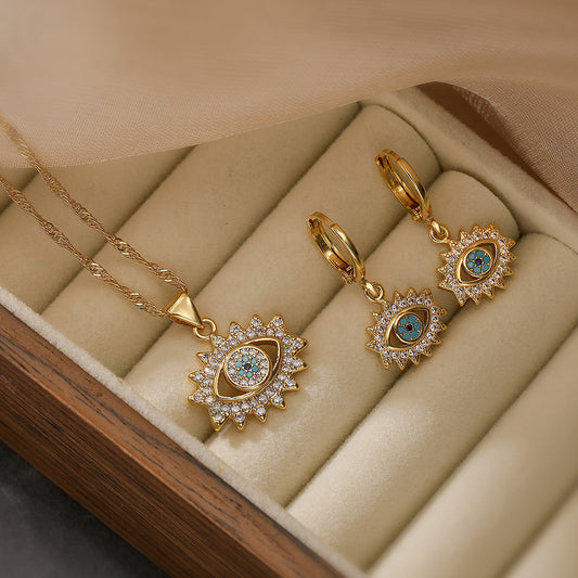 Juego de collar y pendientes de ojo turco de circonita de cobre chapado en oro de 18 quilates vintage minimalista para mujer
