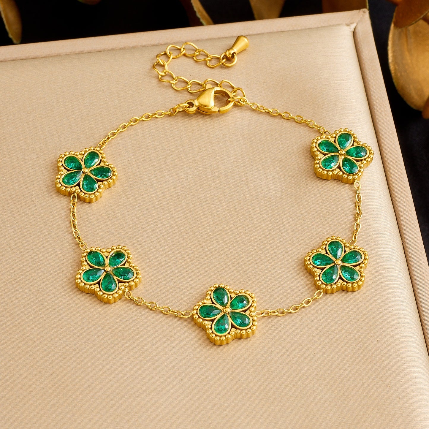 Sweet Gold Plated Stainless Steel Floral Cubic Zirconia Bracelet
