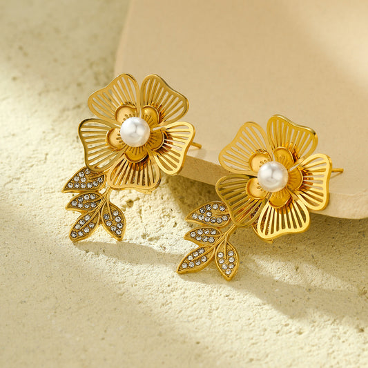 Vintage French Style 18K Gold Plated Stainless Steel Leaf Flower Drop Earrings for Women