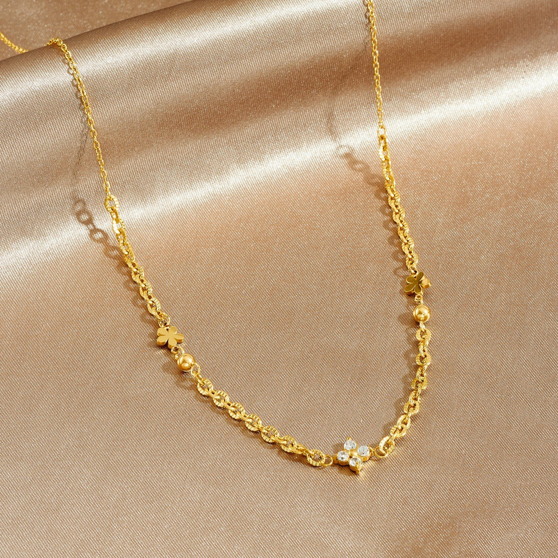 Minimalist Gold Plated Stainless Steel Flower Rhinestone Necklace and Bracelet Set with Irregular Cable Chain