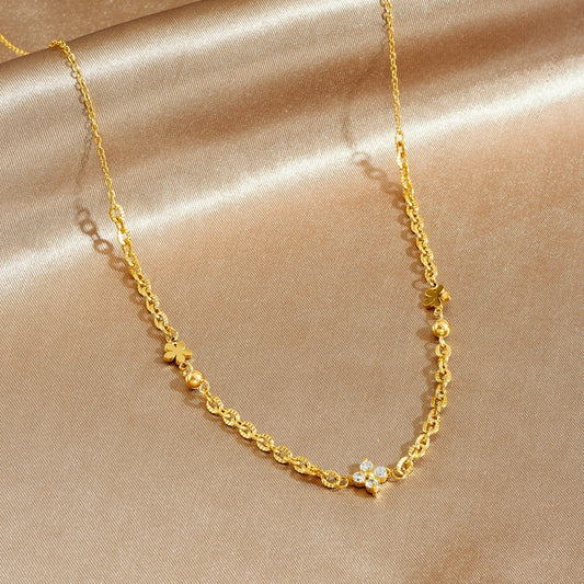 Minimalist Gold Plated Stainless Steel Flower Rhinestone Necklace and Bracelet Set with Irregular Cable Chain
