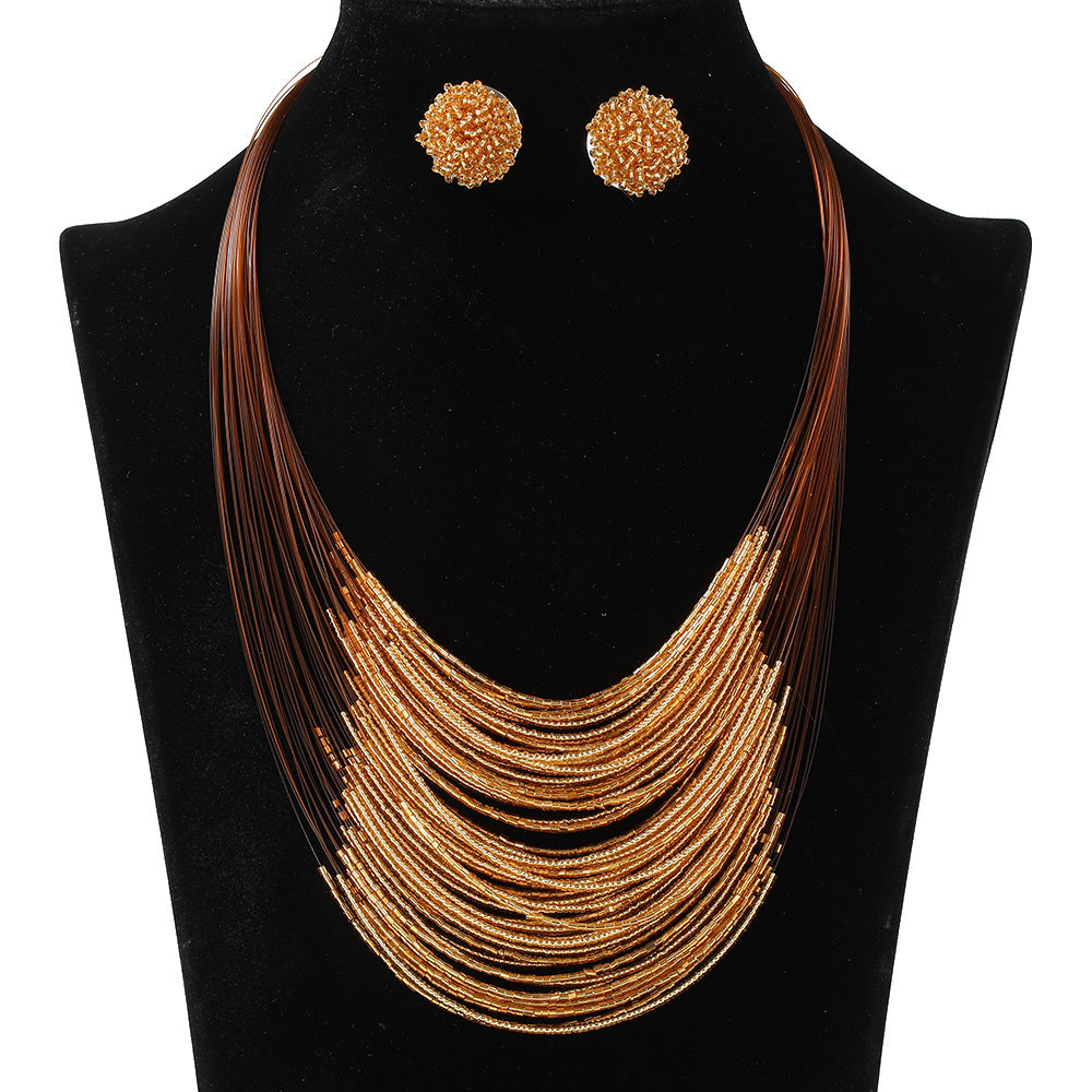 Bohemian Multi-Layer Glass Seed Bead Necklace and Earrings Set for Women with Pearl Chain and Four-Bean Pendant