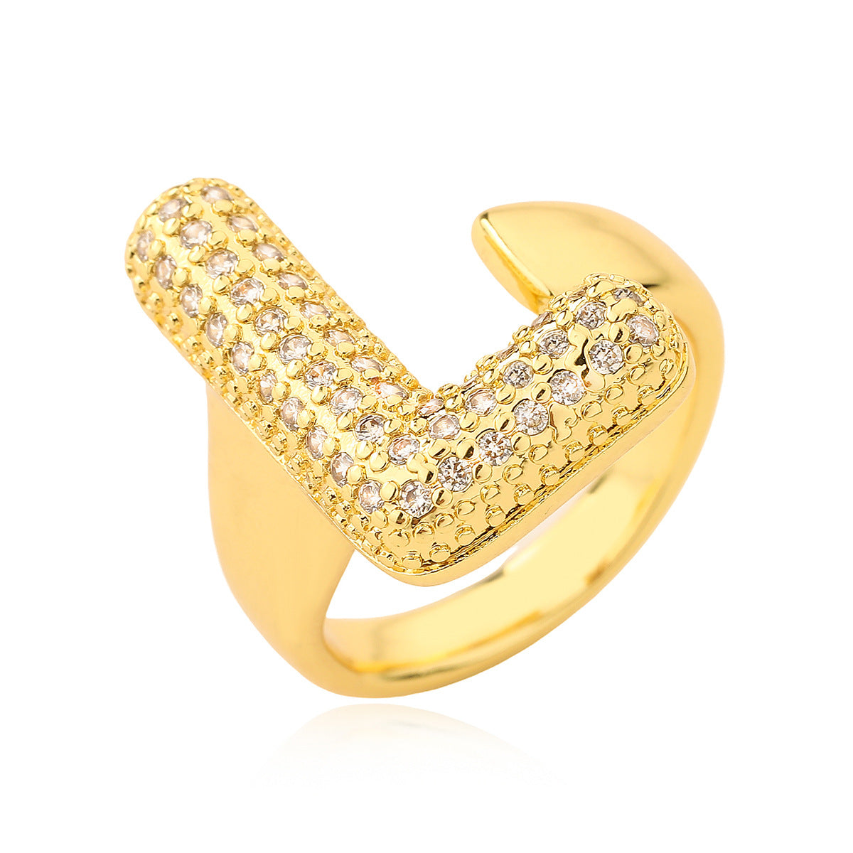 Minimalist Geometric Letter Zirconia Ring for Women in Copper with Gold Plating and Micro-Pavé Setting