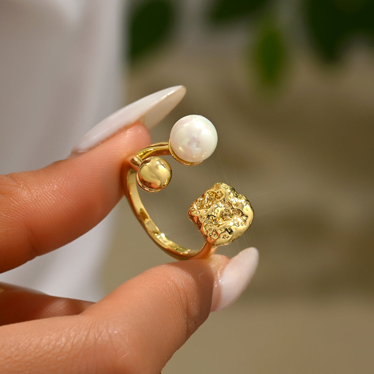 Anello in rame da donna con intarsio di perle, design geometrico da ufficio, regolabile, con fascia aperta