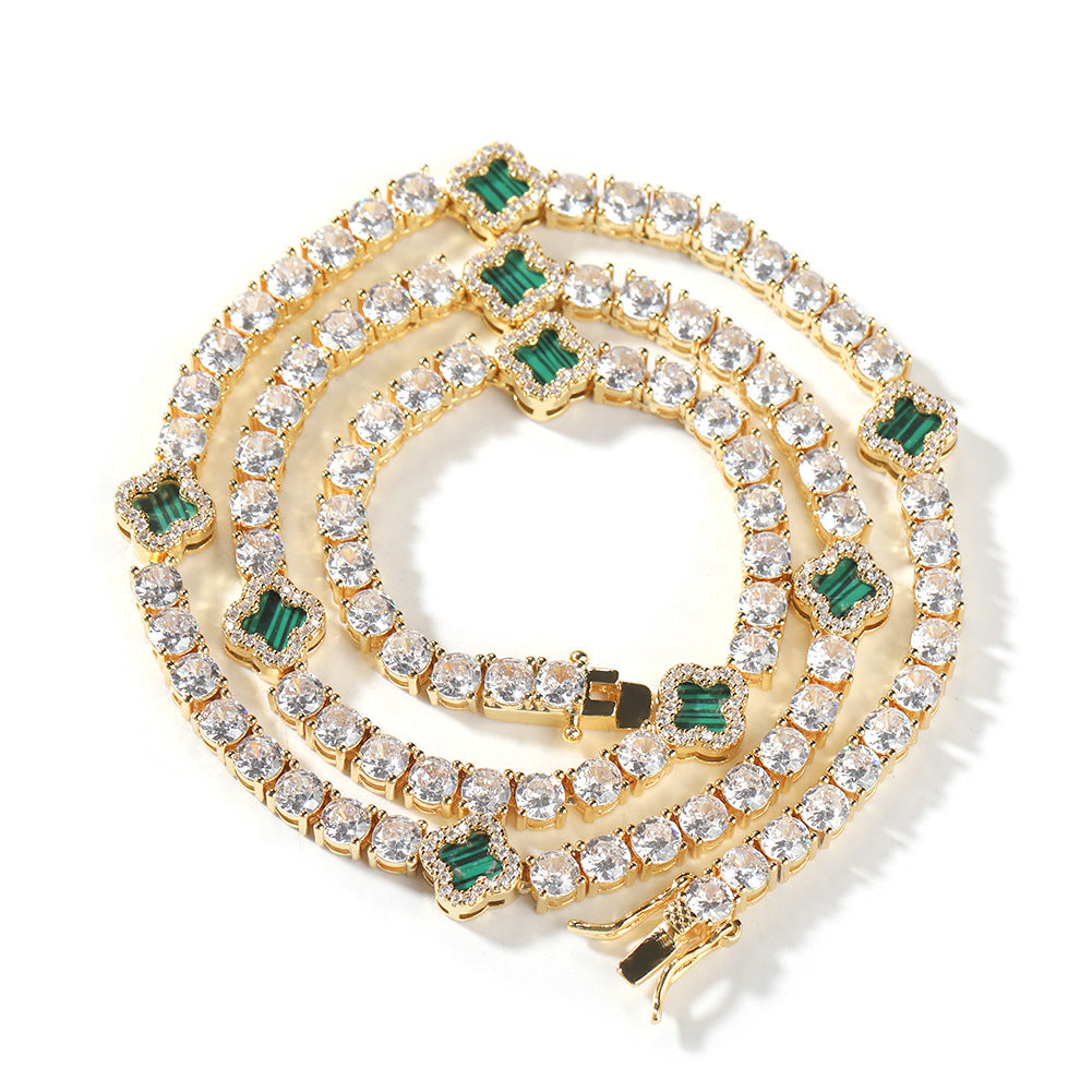 Four-Leaf Clover Rhinestone Inlay Brass Tennis Chain Necklace for Women