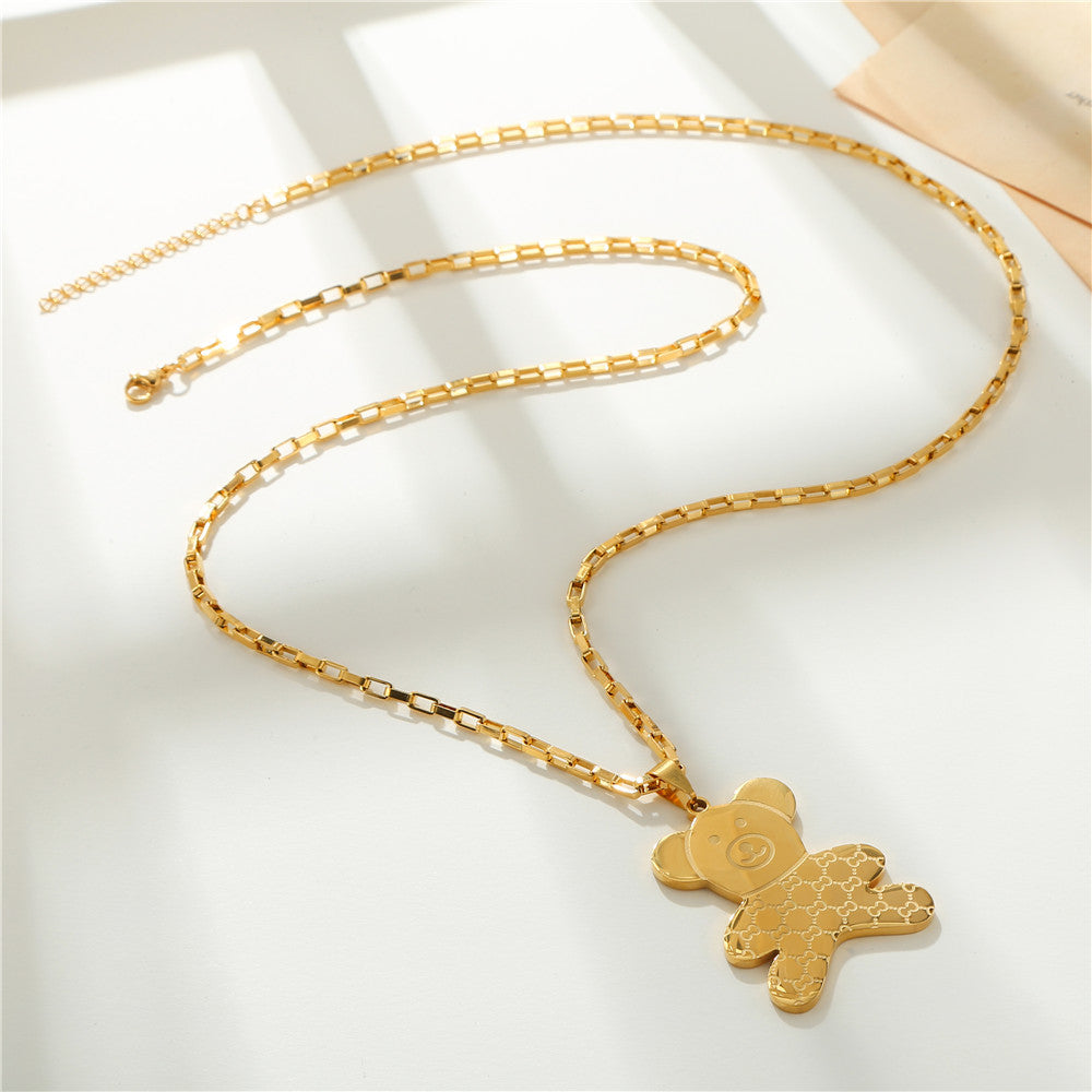 Fashion Casual Bear Animal Titanium Steel Plated Alloy Pendant Box Chain Necklace for Women