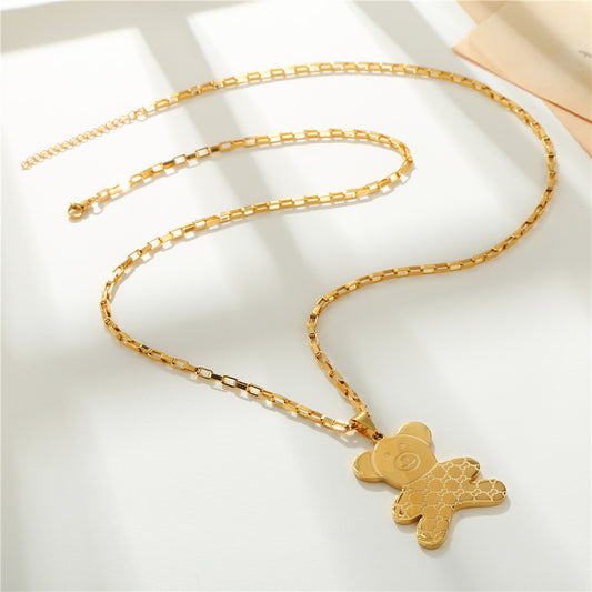 Fashion Casual Bear Animal Titanium Steel Plated Alloy Pendant Box Chain Necklace for Women