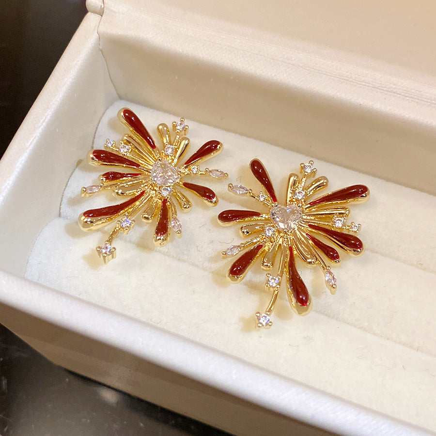 Pendientes de tuerca con forma floral de esmalte y circonita con diseño de fuegos artificiales, estilo "Old Money" vintage para mujer