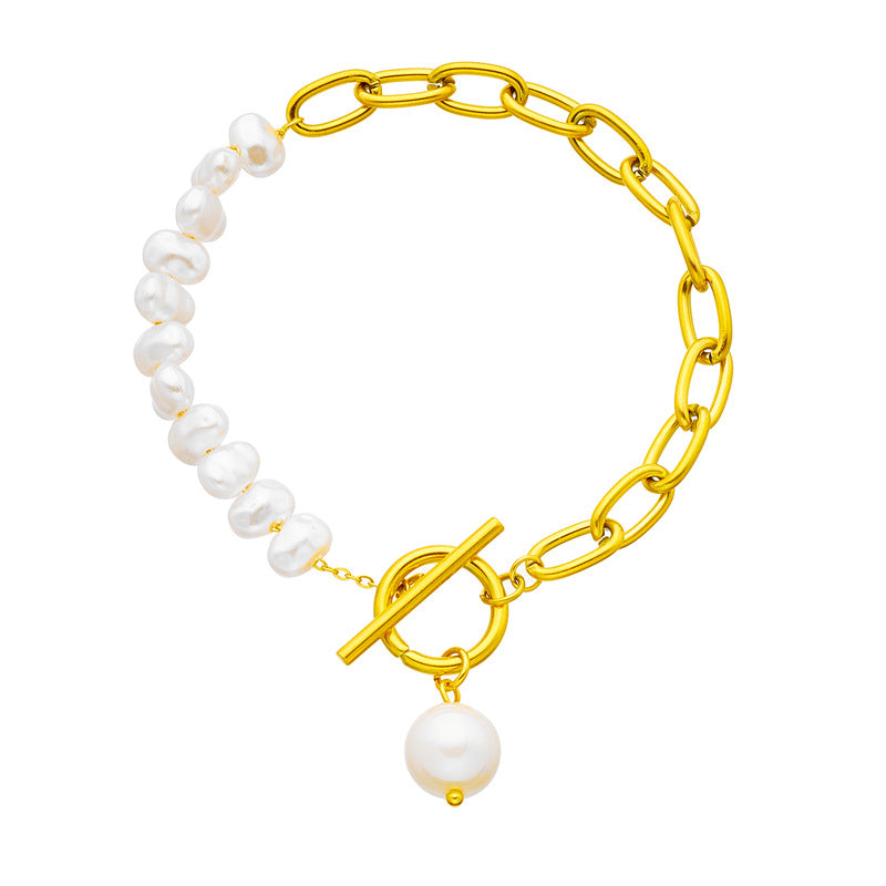 Punk Vintage Asymmetrical Pearl Beaded Pendant Bracelet with Titanium Steel Chain and Plated Finish