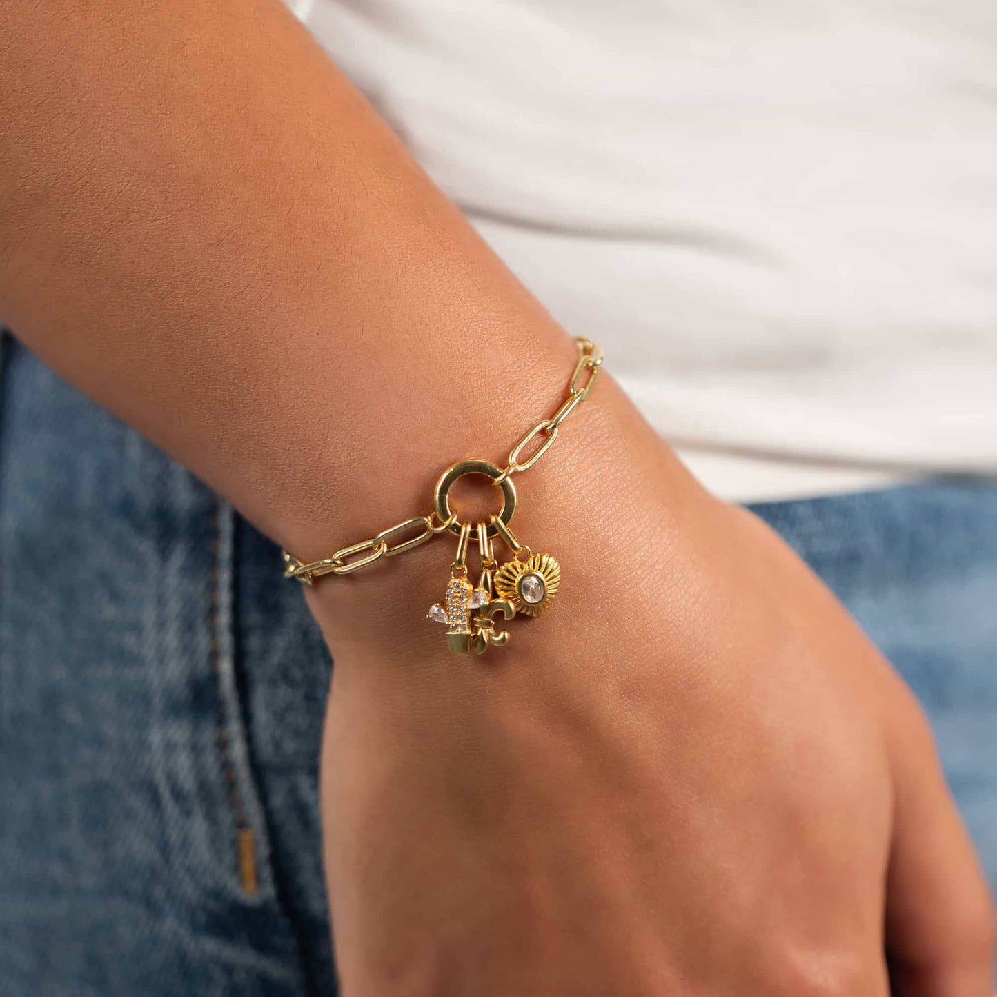 Vintage 18K Gold Plated Stainless Steel DIY Charm Bar with Geometric Heart Butterfly Pendants on Ball Chain
