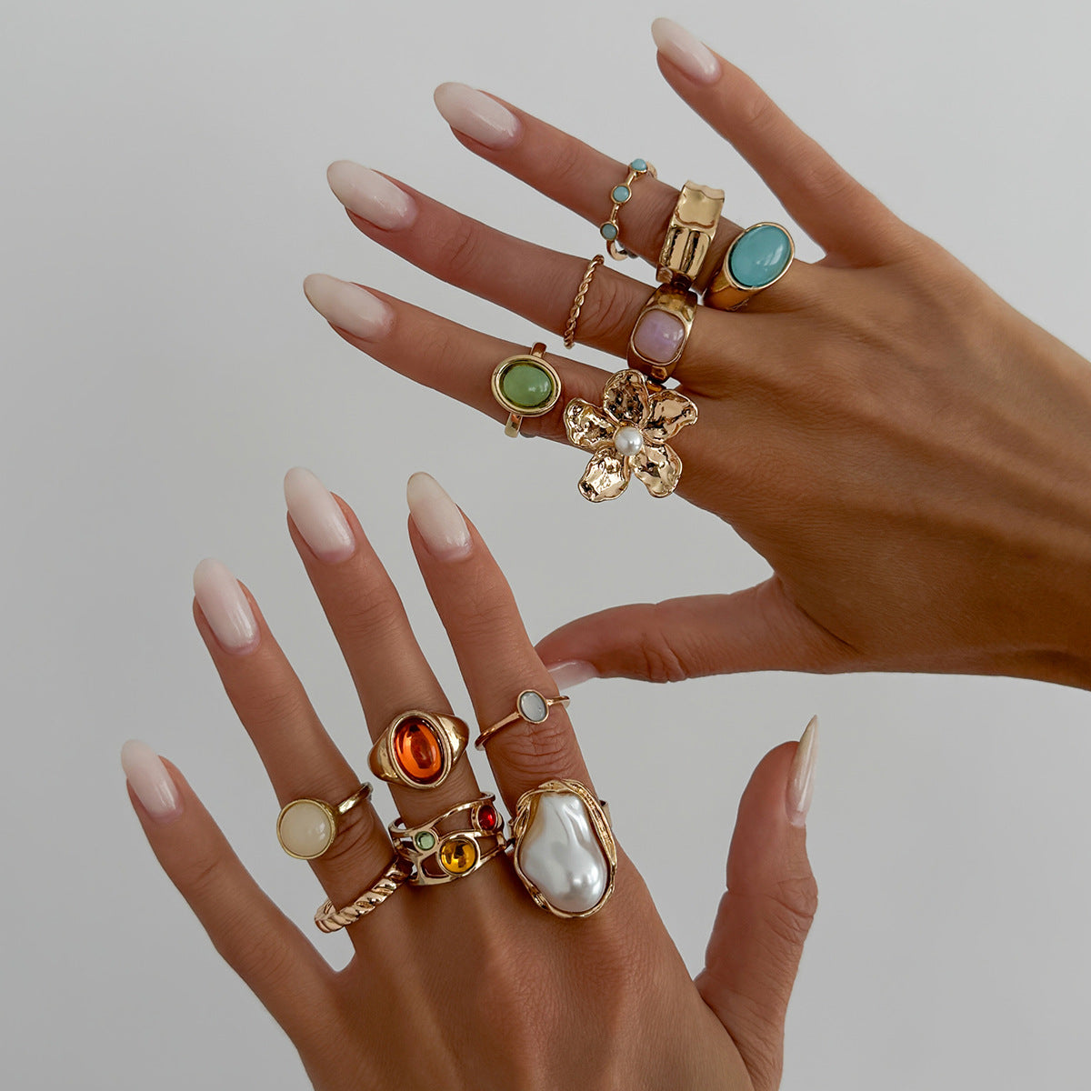 Sweet Geometric Floral Resin Ring with Faux Pearl Inlay Plated Finish for Women