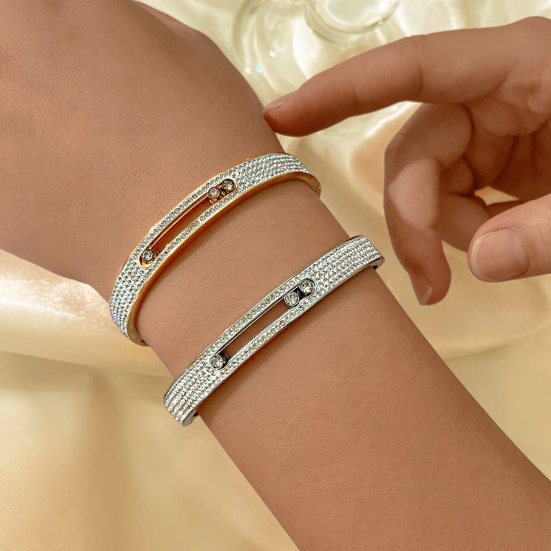 Vintage Geometric Titanium Steel Plated Cubic Zirconia Sliding Bracelet for Women