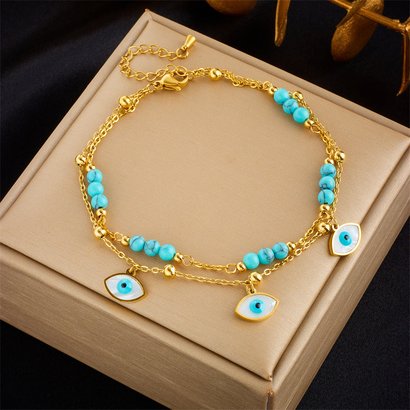 Cavigliera Minimalista Ispirata al Vintage a Doppio Strato con Perle a Cuore e Stella in Strass in Acciaio al Titanio