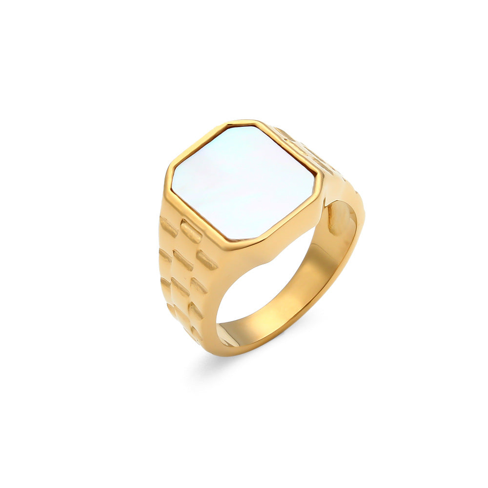 Minimalist Geometric Titanium Steel Ring with Gold Plating and Shell-Inspired Design for Women