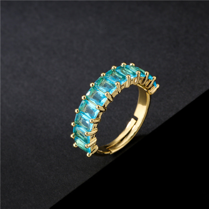 Anello in Rame con Forma Geometrica, Zirconi Micro-Incastonati, per Donna, con Fascia Aperta Regolabile Placcata Oro