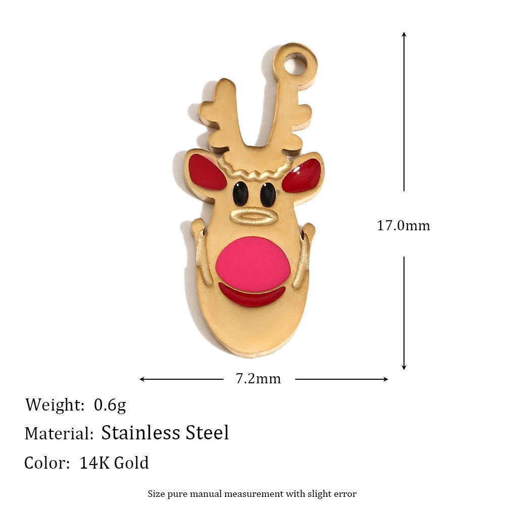 Cute Cartoon Christmas Santa Elk Reindeer Pendant with Stainless Steel Base Plated in 14K Gold and Enamel Finish for Holiday Season