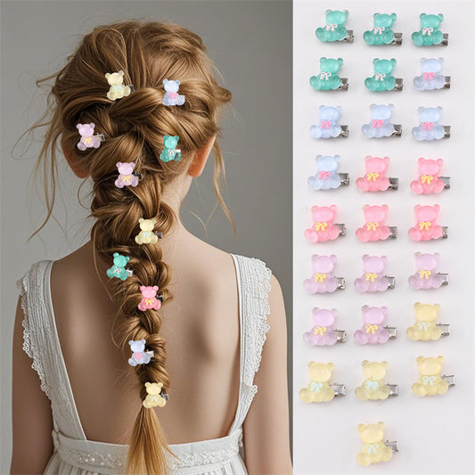 Cute Bear-Shaped Hair Clip for Kids with Bow Design in Jelly Color Floral Pattern Made of Plastic Resin Handcrafted for Children Ages 3 to 10