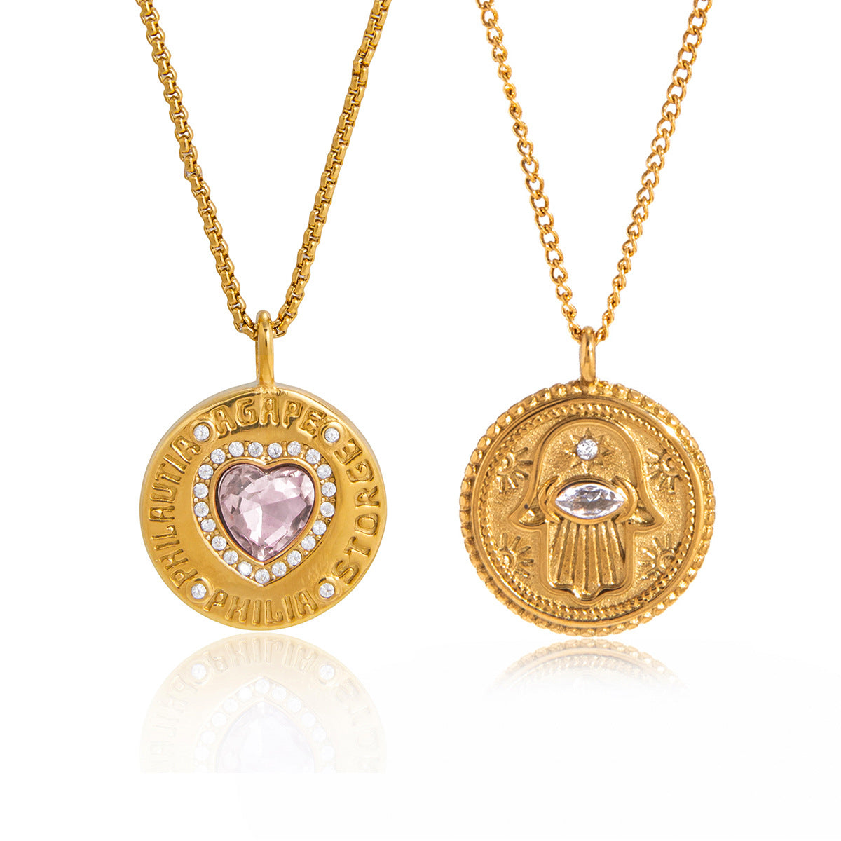 Collana con Ciondolo a Moneta in Acciaio al Titanio con Intarsio di Zirconi Cubici a Cuore Geometrico Minimalista da Donna