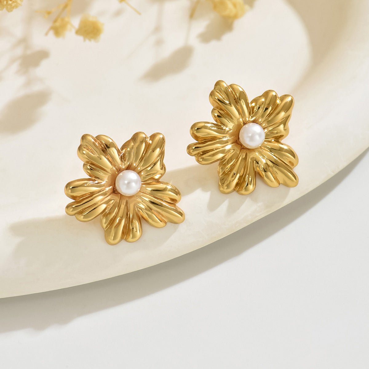 Vintage Elegant Floral Stamped Stainless Steel Earrings with Pearl