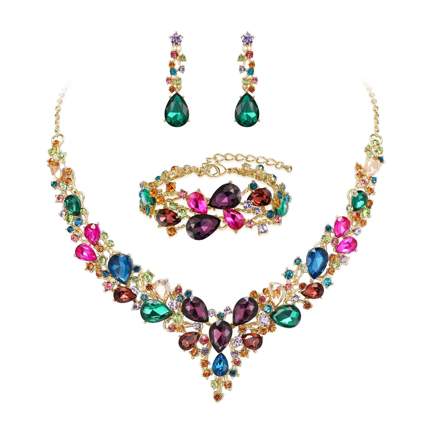 Elegant Waterdrop Floral Pattern Rhinestone Pendant Necklace Earrings Bracelet Set for Women with Alloy Base and Plated Finish