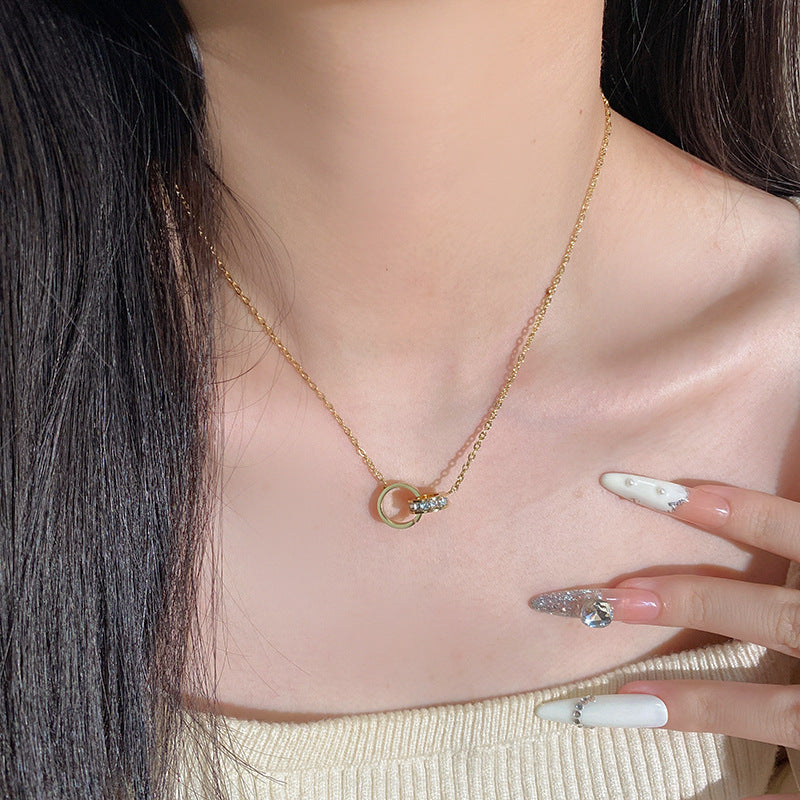 Luxury Geometric Interlocking Ring Diamond Inlay Plated Titanium Steel Necklace for Women and Men