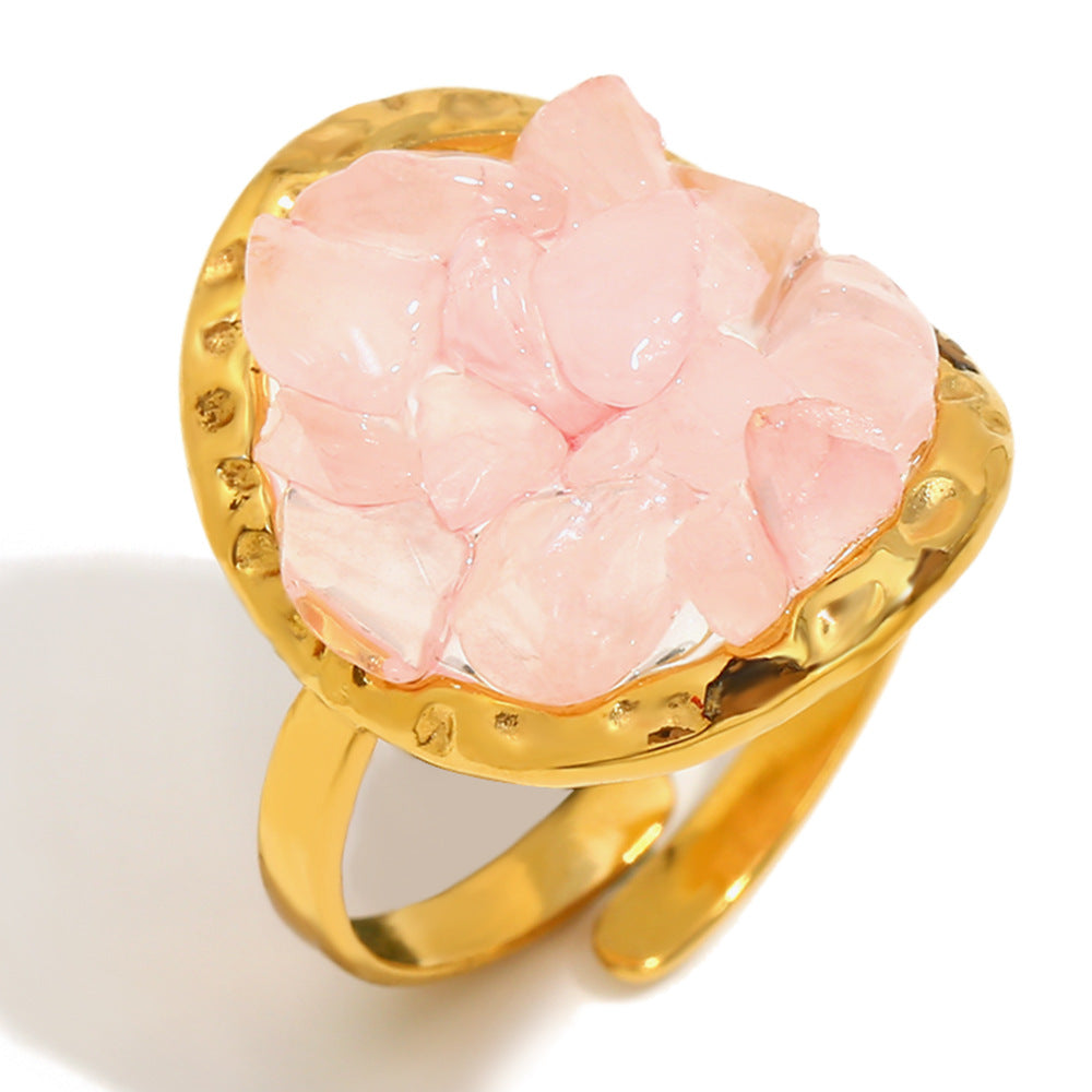 Fashionable Geometric Stainless Steel Ring with 18K Gold Plating and Purple Rhinestone Accents for Women