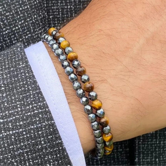 Business Geometric Round Tiger Eye and Hematite Handmade Beaded Stretch Bracelet for Men and Women