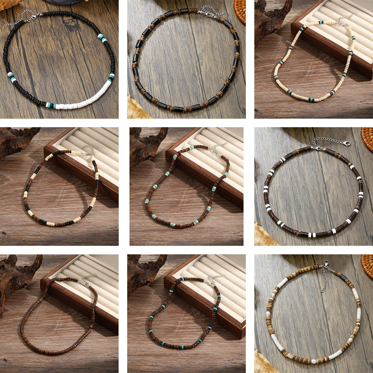 Geometric Wood Beaded Necklace Unisex