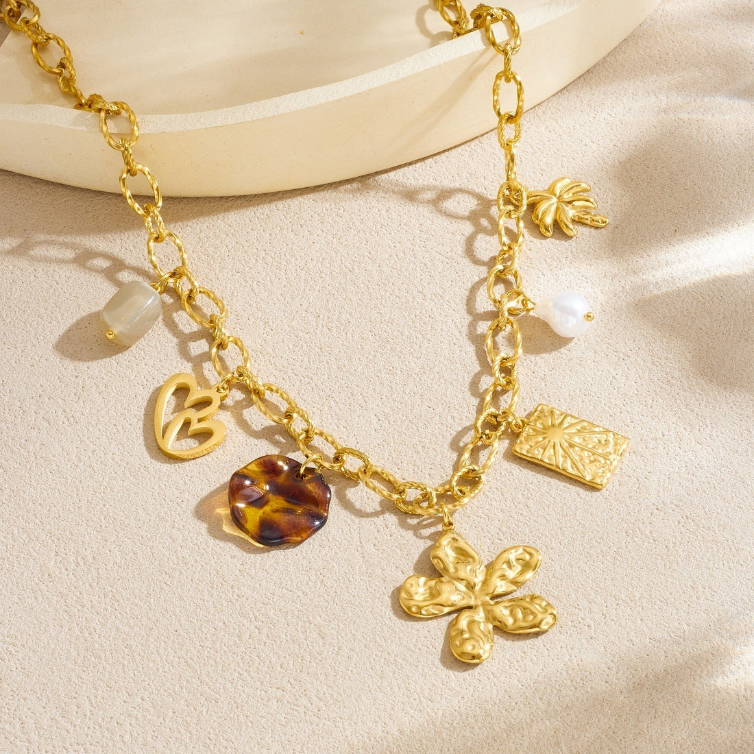 Vintage Gold Plated Stainless Steel Heart Floral Leopard Print Charm Bar Necklace for Women