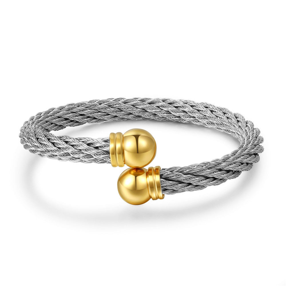 Punk Geometric Round Plated Titanium Steel Wire Rope Open Cuff Bracelet