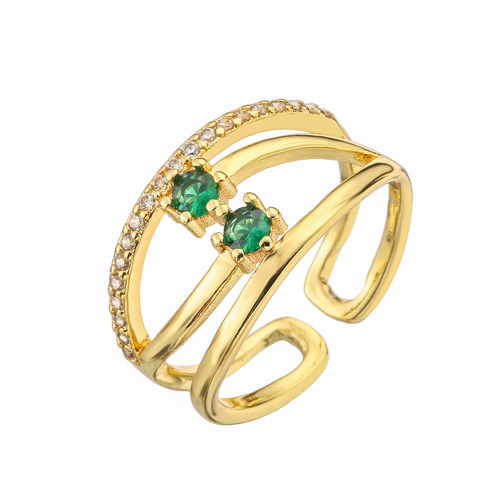 Minimalist Geometric Hollow-Out Zirconia-Set Copper Ring for Women with Irregular Design and Premium Finish