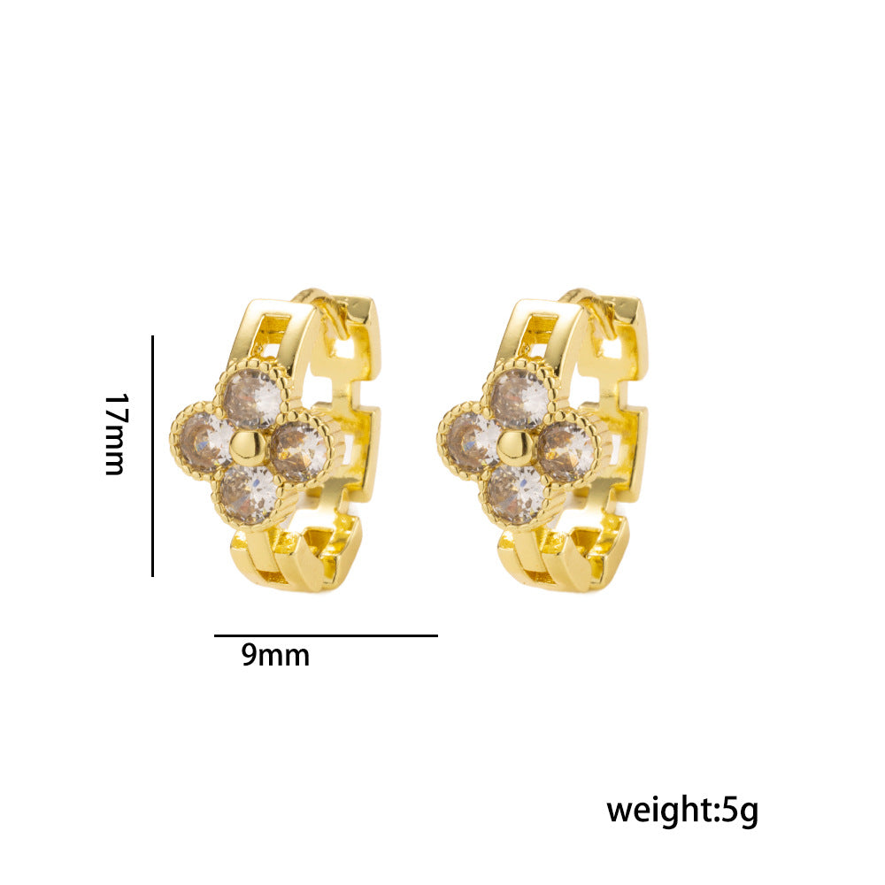 Orecchini a quadrifoglio di lusso in rame con placcatura in oro 18K e zirconia micro-incastonata