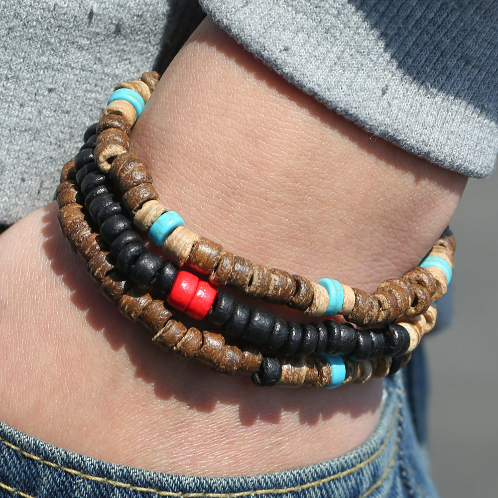 Bohemian Round Wood and Turquoise Beaded Stretch Bracelet for Men and Women