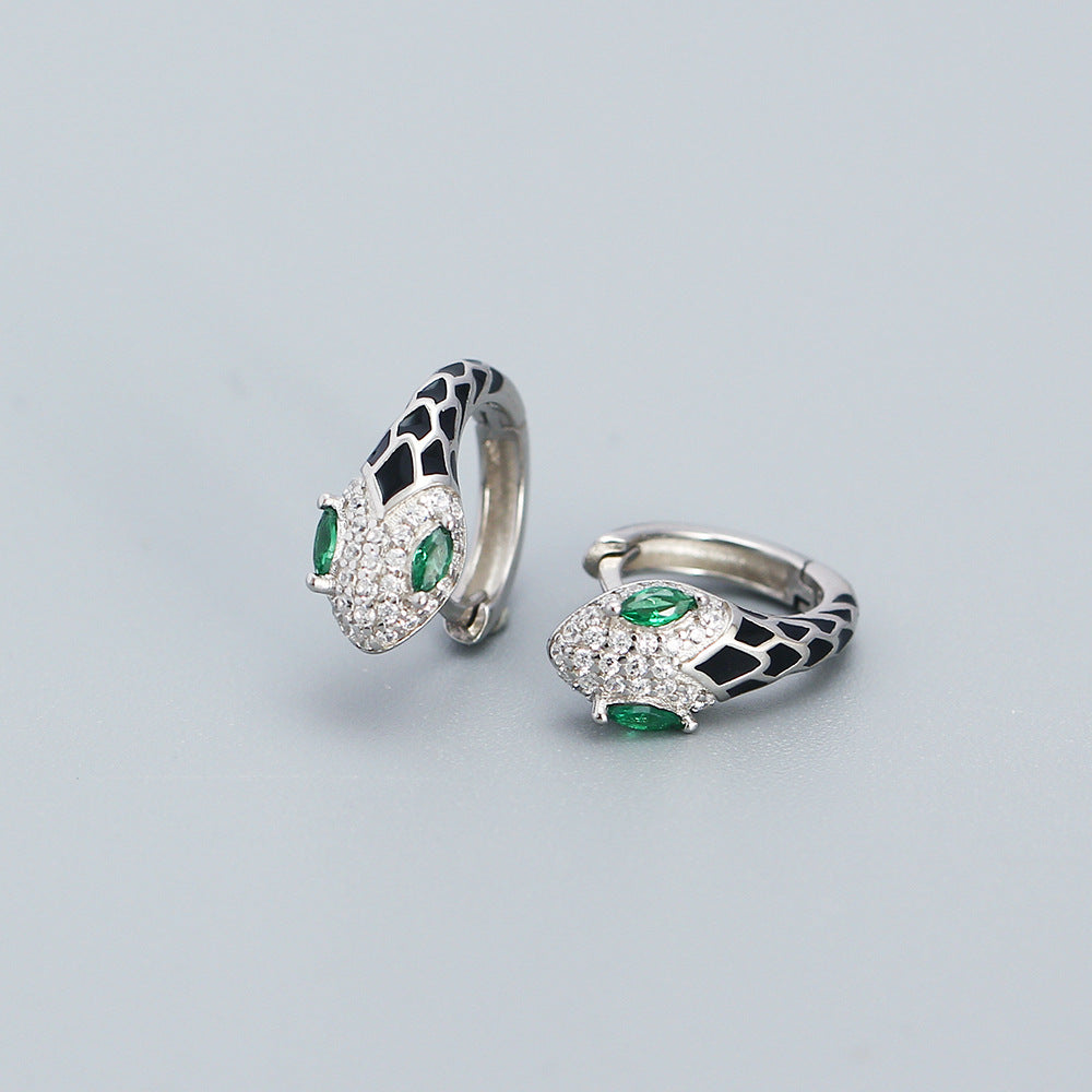 Minimalist Snake-Shaped S925 Sterling Silver Stud Earrings with Rhinestone Inlay and Resin Drip Detail for Women