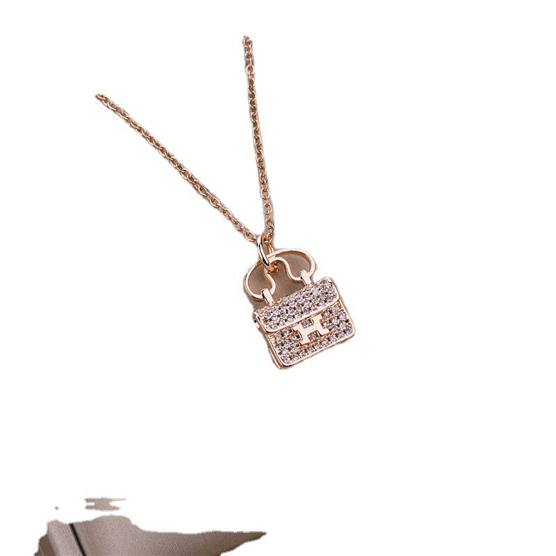 Natural and Fresh Sweet Minimalist H-Shaped Pendant Necklace in Titanium Steel with Full Rhinestone Inlay, Waterproof Clavicle Chain for Women