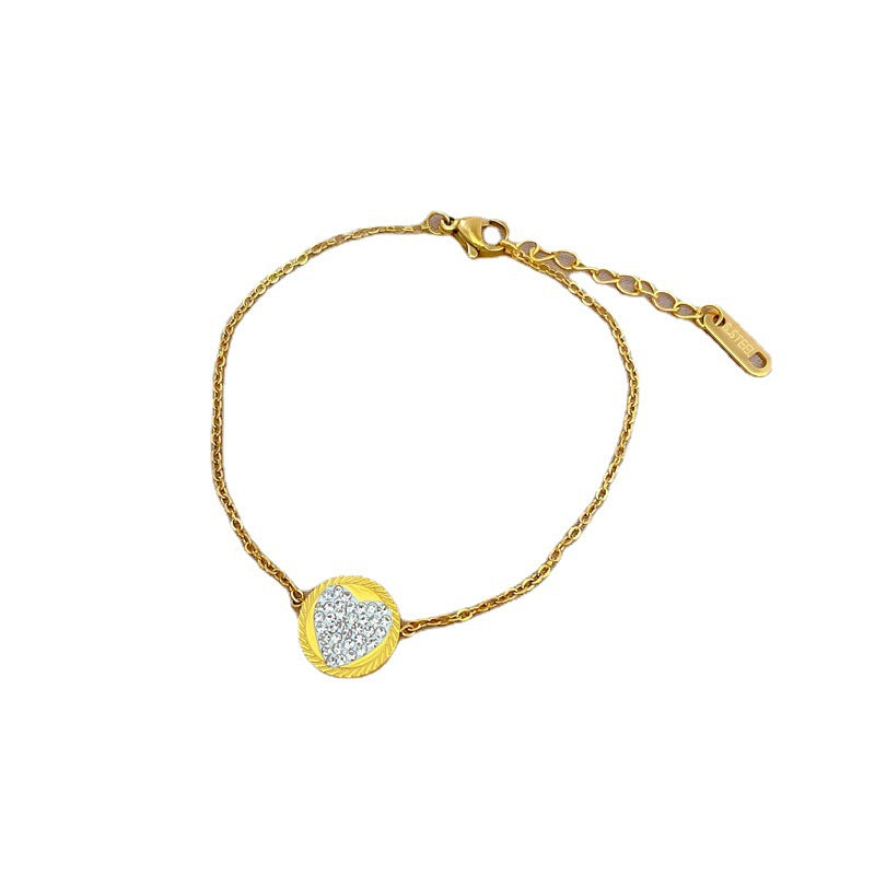 Bracciale da donna in acciaio al titanio a forma di cuore tondo stile vintage con intarsio di strass