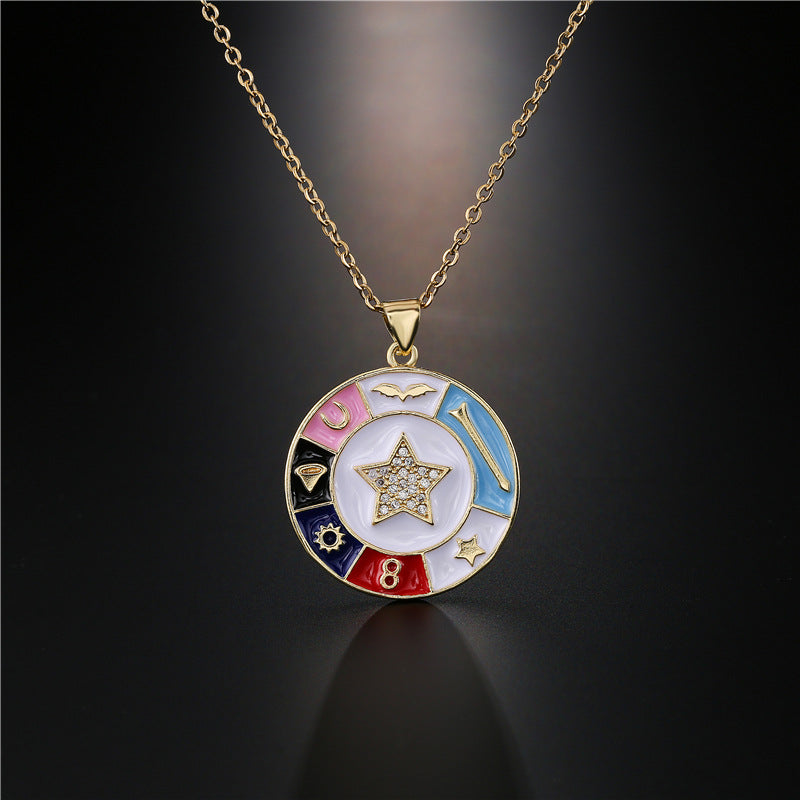 Streetwear Gold Plated Brass Drip Oil Round Star Skull Pendant Necklace with Cable Chain