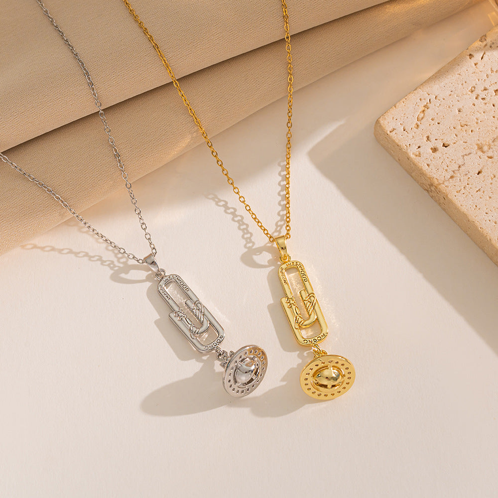 Collana da donna Minimalista in Titanio Acciaio Placcato con Fermaglio a forma di Graffetta e Disco Volante/Pianeta Geometrico