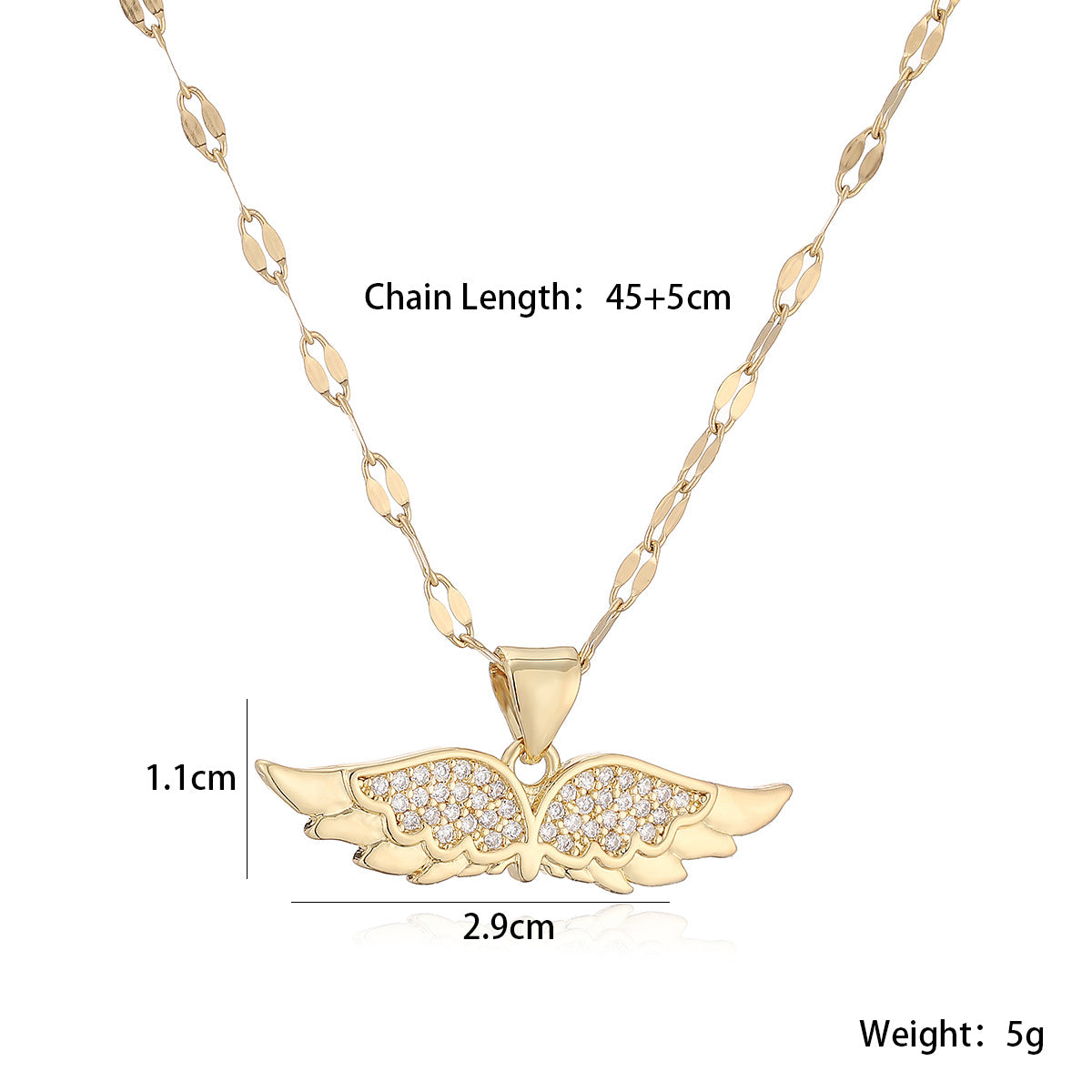 Minimalist 18K Gold Plated Brass Geometric Cubic Zirconia Inlay Angel Wing Pendant Necklace for Women