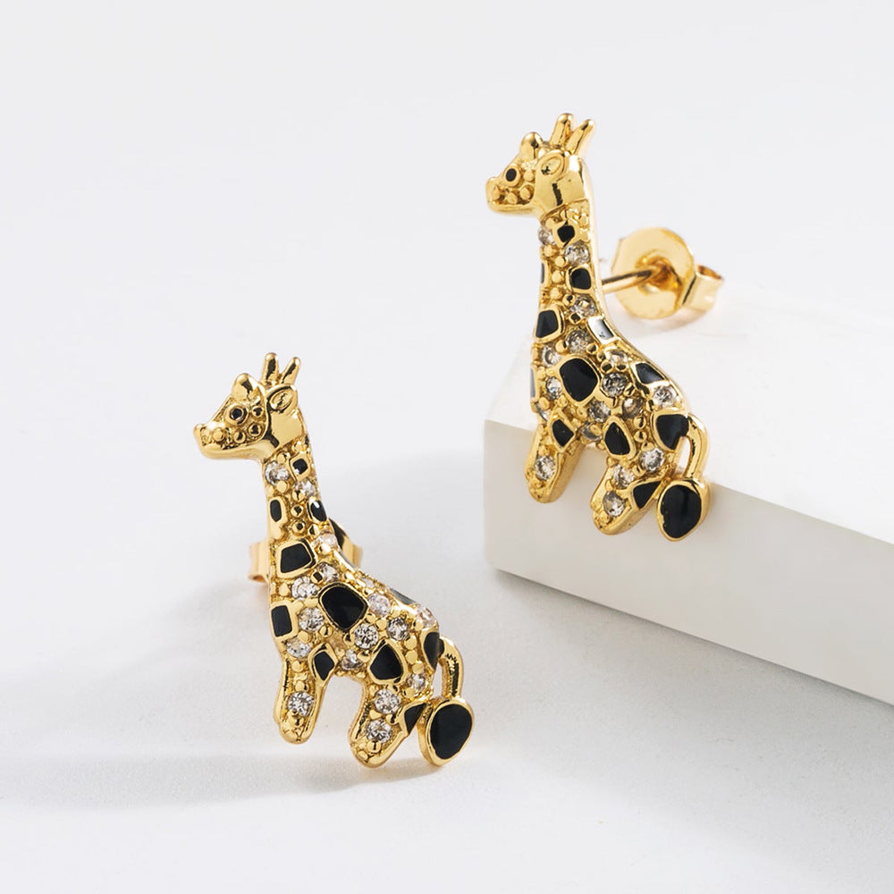 Cute Minimalist Dog and Giraffe Stud Earrings for Women Made of Brass with 18K Gold Plating and Zircon Inlay
