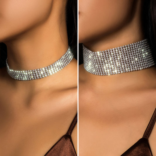 Geometric Shiny Rhinestone Choker Necklace for Women with Diamond Mesh Chain and Bold Statement Design