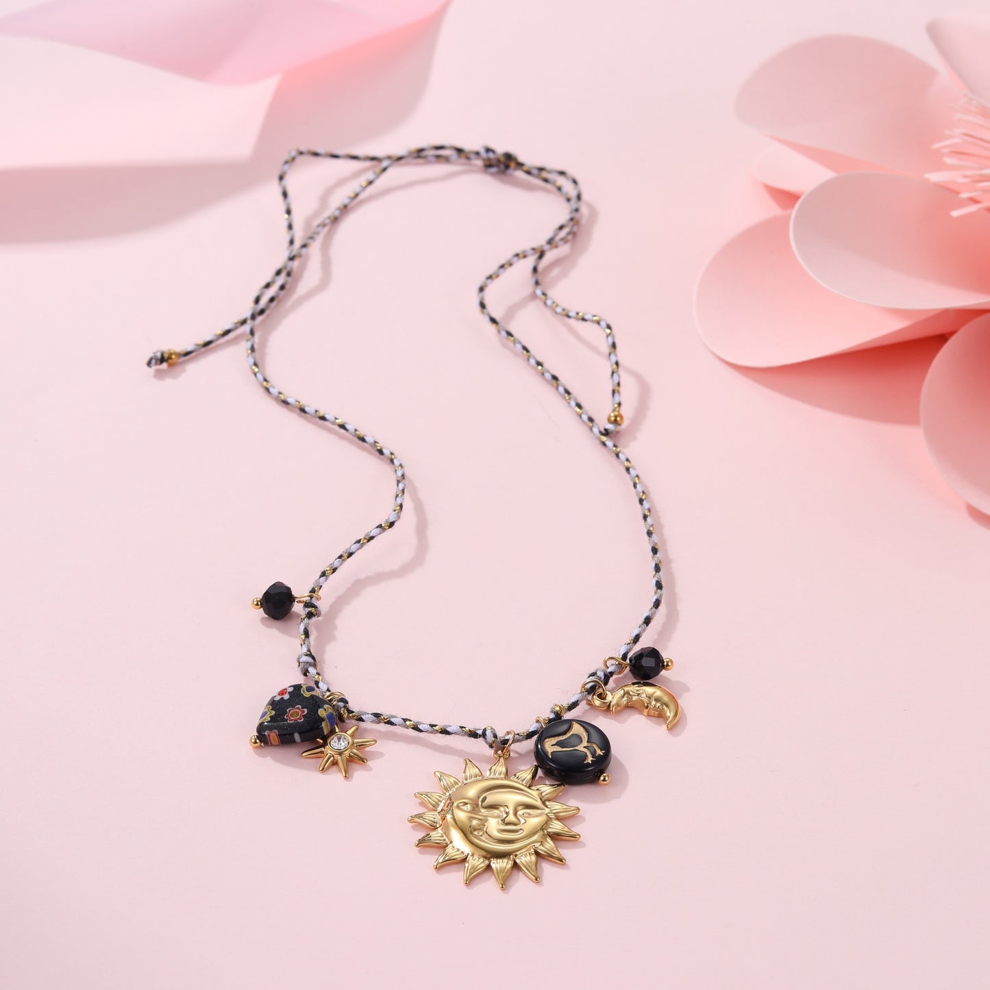 Fashionable Heart and Sun Pendant Necklace in Stainless Steel with Plated Finish for Women
