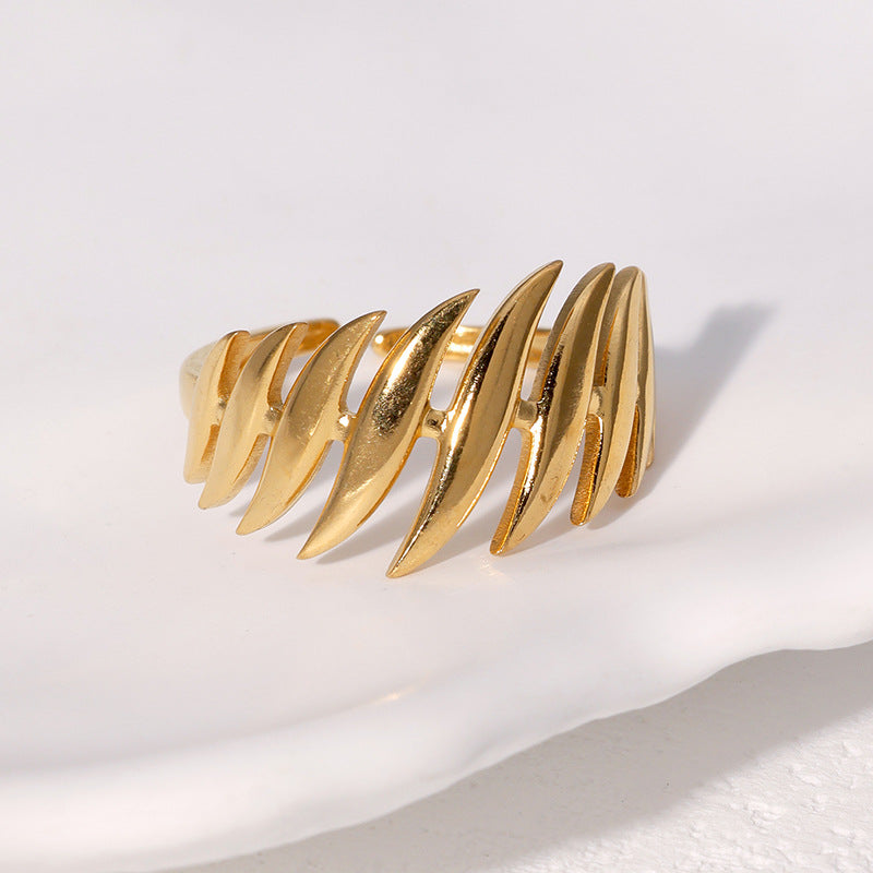 Anello Aperto Minimalista a Forma di Foglia in Acciaio Inox Placcato Oro 18K Gioielli di Moda per Donna