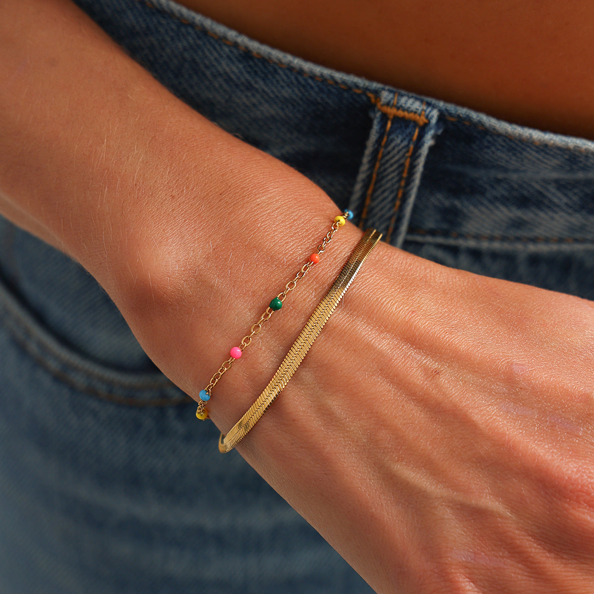 Minimalist Geometric Stainless Steel Plated Double Layer Snake Chain Bracelet for Women