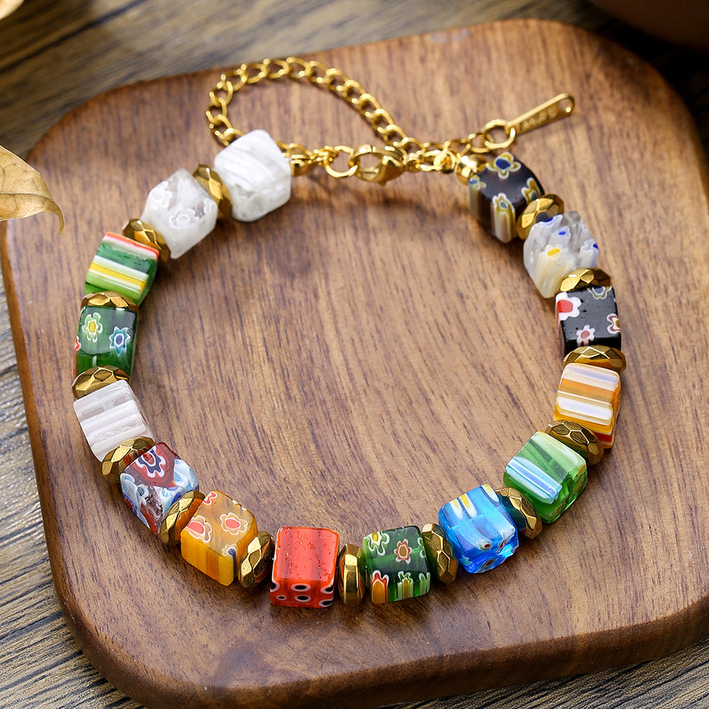 Unique Geometric Round Murano Glass Bead Stainless Steel Plated Alloy Pendant Multi-layer Cable Chain Necklace for Women