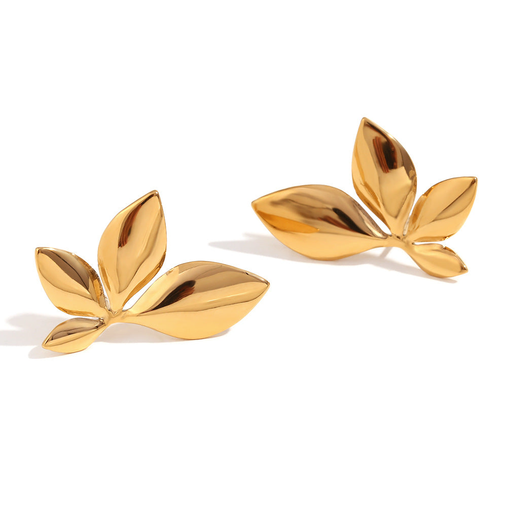 Minimalist Floral Leaf Stainless Steel Earrings for Women with 18K Gold Plating and Polished Finish