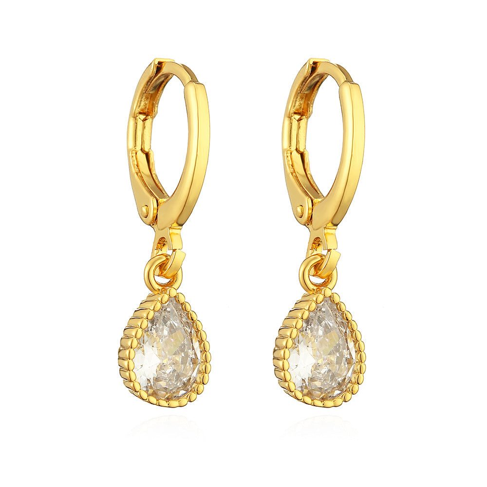 Minimalist Geometric Copper Earrings with Real Gold Plating and Zircon Waterdrop Accents for Women